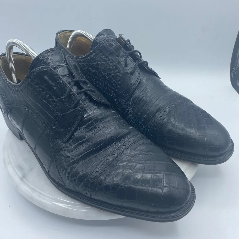 David Eden Mens 12 Oxford Black Genuine Nile Crocodile Brogue Cap Toe Lace Up